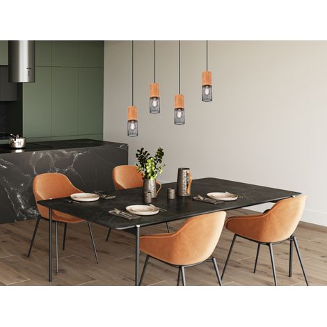 Pendelleuchte TOSH 4 Draht Lampenschirme Schwarz & Holz, Breite 65cm (1/5)