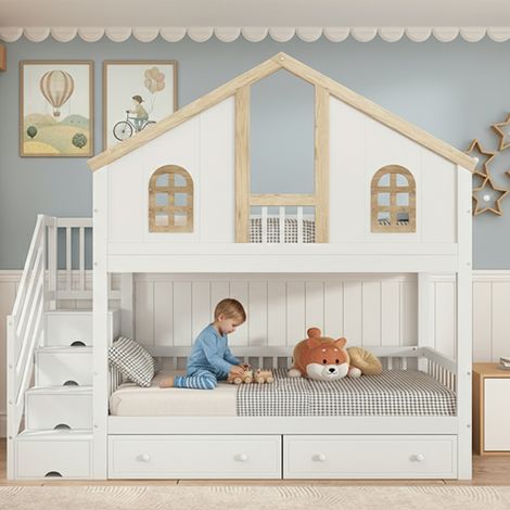 Lit superposé enfant barrière sécurité contrastée fenêtre 2 tiroirs roulettes escalier 4 compartiments rangement pin MDF blanc naturel 90x200 cm
