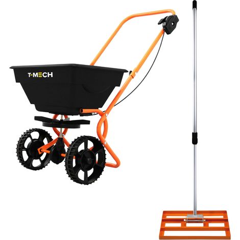 Livella Prato 50cm & Spargitore Rotante Fertilizzante Giardino 25kg Manico Estendibile 1.15-1.9m Rastrello Ghiaia Semi Arancione con Guanti e Copertura Antipioggia