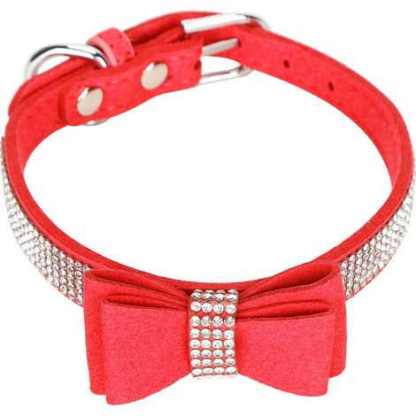 1 Collar para gato, microfibra de ante, doble pajarita, brillantes pedrería, ajustable XS 30x1,5cm (1/5)
