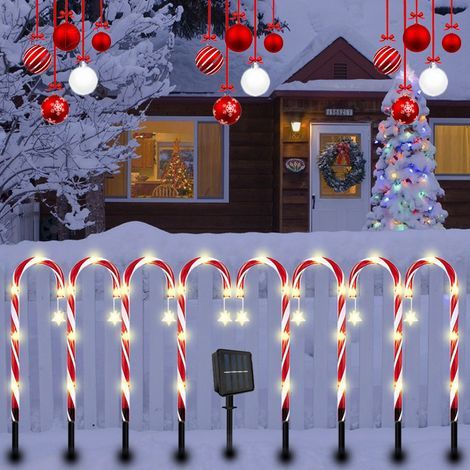 Décoration de Noël - 8 guirlandes lumineuses solaires en forme de cannes de Noël, 8 modes d'éclairage, balises de chemin en forme de cannes de Noël, éclairage décoratif LED pour jardin - Décoration de (1/4)