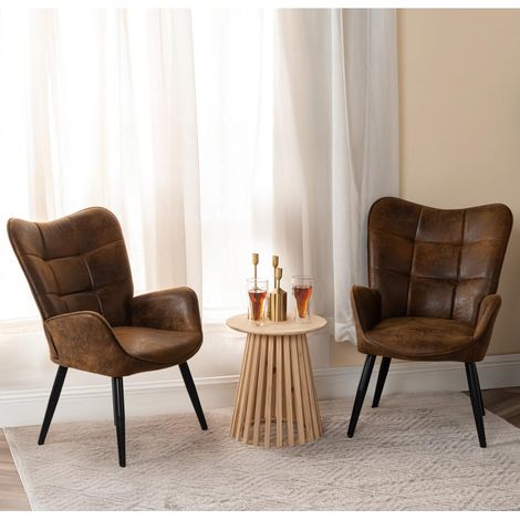 Lot de 2 Fauteuil de Salon Chambre Scandinave Chaise Coiffeuse avec Accoudoirs et Assise Épais Pied Métal Rembourré en Suédine Marron (1/5)