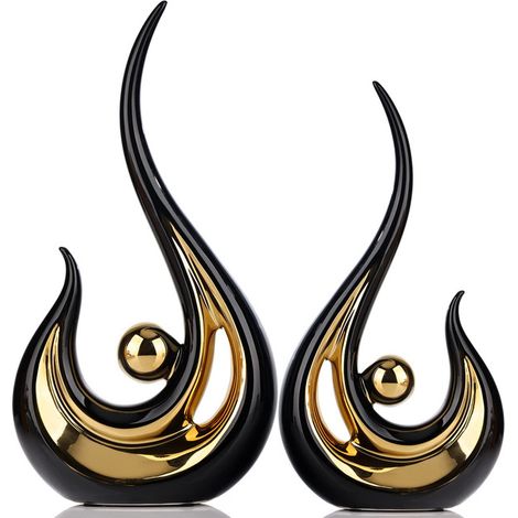 Décoration Abstraite en Céramique Noir et Or - Jeu de 2 Statues Modernes Design Flamme - Objets d'Art pour Salon, Bureau et Entrée - Cadeau Maison Élégant (1/5)