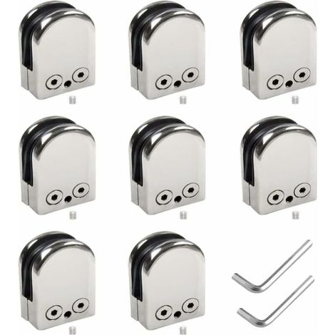8 Pièces Pinces à Verre, Support de Verre en Acier Inoxydable Clip de Verre Rond à Dos Plat Poli pour Balustrade D'escalier en Verre de 8mm à 10mm - avec 2 Pièces Pilote Hexagonal (1/5)