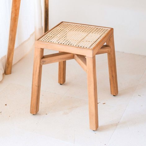 Tabouret Rectangulaire en Bois d'Arbre à Pluie Massif et Assise en Rotin Tressé Fait Main - PANGIVO (1/5)