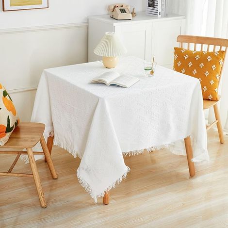 Nappe Carree 90x90cm, Nappe Anti Tache Lin Tricoté Blanc avec Pompons Nappe Table Basse Lavable (1/5)