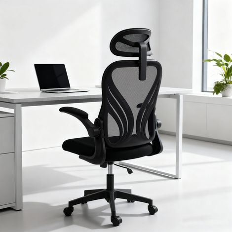 Chaise bureau, fauteuil de bureau en maille, dossier rabattable, appui-tête 2D, accoudoirs relevables, 73x62x136cm, noir