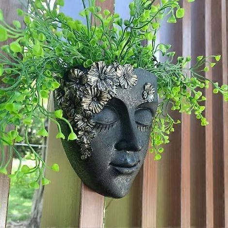 Pot de fleurs mural en forme de tête, résistant aux intempéries, pour légumes, herbes aromatiques et plantes succulentes, figurine en résine pour la maison, le balcon ou l'extérieur. (1/3)