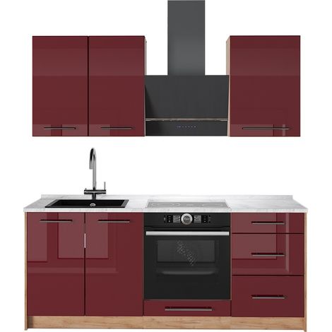 Cucina monoblocco Fame-Line, Bordeaux lucido/Rovere dorato, 190 cm, PL Marmo, Vicco (1/5)