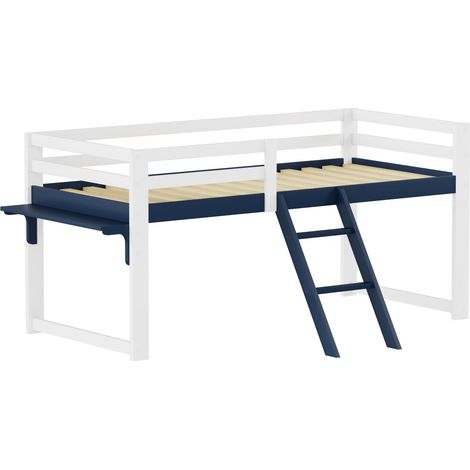Lit surélevé enfant 90x200 cm pin massif, barrière sécurité, échelle stable, bureau rangement intégré, sommier lattes fourni, blanc et bleu nuit DE602090BW (1/5)