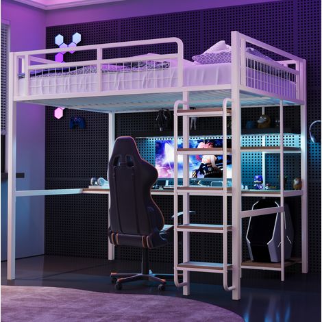 MEUBLIV Lit mezzanine 140x200 cm blanc – avec bureau et étagères, sans matelas (1/5)
