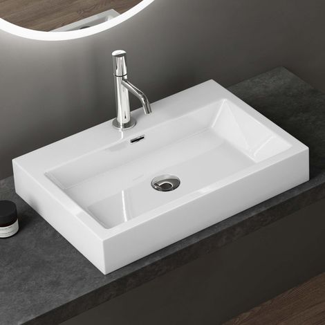 doporro Design Aufsatzwaschbecken Hängewaschbecken Waschbecken Weiß BTH 60x42x10 cm Waschtisch aus Mineralguss Colossum06