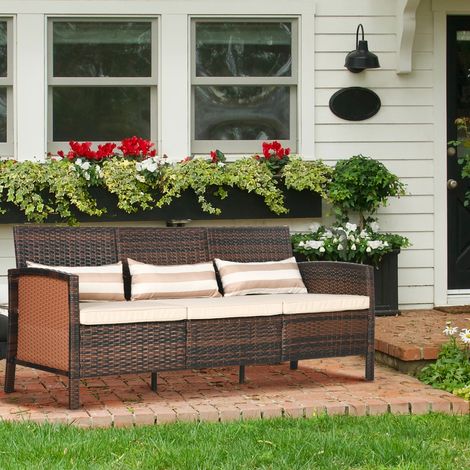 Canapé en rotin avec coussins, trois places, canapé de jardin, acier, marron, 173 x 68 x 78 cm
