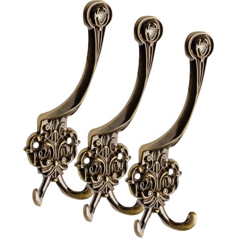 Patère Triple Murale, Style Rétro Art Nouveau, Crochet Porte-Manteau Ornemental en Alliage de Zinc, Finition Laiton Antique, 150x50mm, Vis Incluses Lot de 3 (1/4)