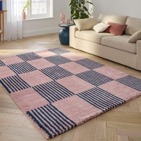 Tapis intérieur damier bleu et rose - Fergew 160 x 230 cm