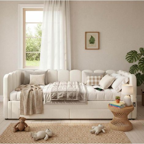 MEUBLIV Cama 90x200 cm beige extensible con 2 cajones y USB, sin colchón (1/5)