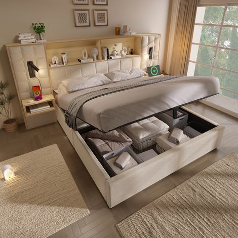 Cama tapizada 180x200 cm, con iluminación, puertos USB y Type C, almacenamiento, lino beige (1/5)