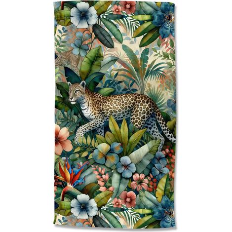 Serviette de plage « Bonjour » 100 x 180 cm - léopard dans la jungle de feuilles (1/2)
