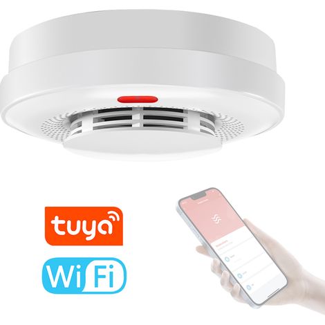 Detector de humo Wi-Fi Tuya con alarma sonora y sensor de protección contra incendios, aplicación móvil con alerta remota y función de cancelación de alarma. (1/5)