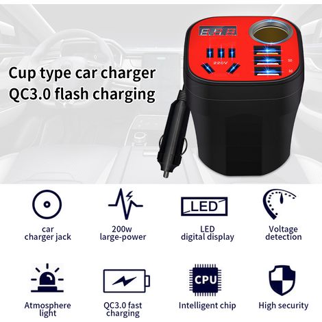 Convertisseur onduleur monté sur voiture, chargeur QC 200W, puissance 5 en 1, 12v 24v à 220v, charge Flash QC3.0 multifonctionnelle.