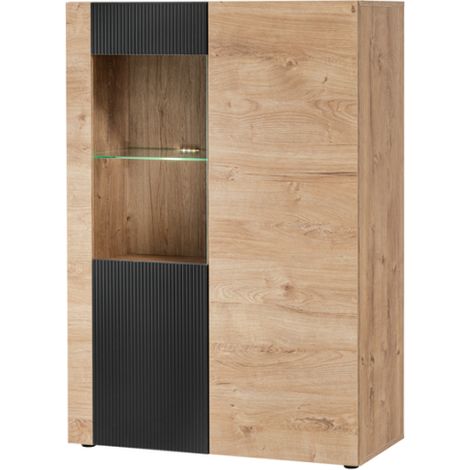 Vitrine basse Aron avec éclairage LED - Bois MDF noir mat et chêne Ribbeck - 90 x 132 x 40 cm - Livraison gratuite (1/5)