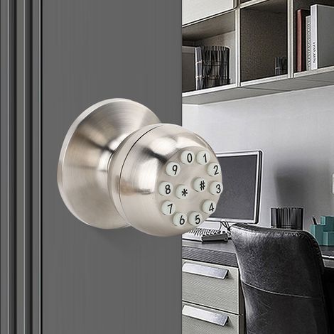 Manilla electrónica con teclado, cerradura metálica y llaves para puertas de 35-55 mm – 2 pomos esféricos plateados (1/5)