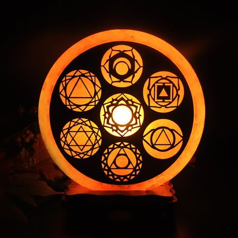 Lampada di Sale Himalayano Rosa scolpita Rotonda 7 Chakra 5 kg con luce calda e base in legno (1/2)