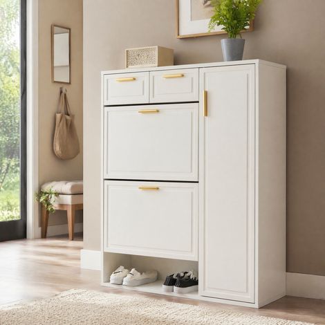 Zapatero blanco 95 x 24 x 107,5 cm con cajones, puertas y estantes regulables HAVRYA (1/5)