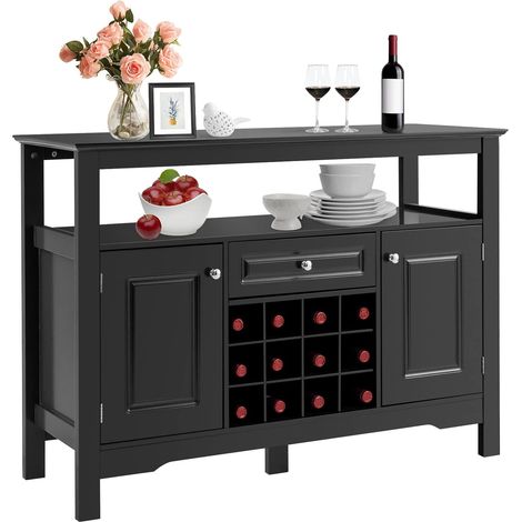 Goplus – Buffet de cuisine noir en MDF avec casier à vin pour 12 bouteilles – 2 placards et tiroir – Dimensions 116x40x82cm – Meuble bar moderne (1/5)