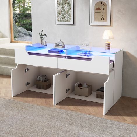 Buffet avec plateau en verre trempé, 140 x 40 x 70 cm. Commode blanche à 2 tiroirs, meuble de rangement en MDF pour salle à manger et salon, capacité de charge 30 kg. (1/4)