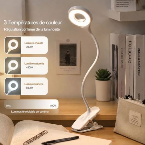 Lampe de Bureau LED à Pince - Modèle filaire- Sans Scintillement -3 températures de couleur-pour Étude Lecture Chambre - Blanc/40cm (1/5)