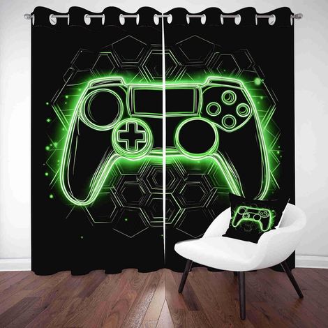 Rideau Occultant pour Chambre Gamer Manette 2 Pièces Rideaux Imprimés Néon Console de Jeu Thermique Anti Chaleur, Isolation Acoustique, Rideau de Porte à Oeillets, 150 x 280cm - L 150 X H 280cm (2 Pan (1/5)