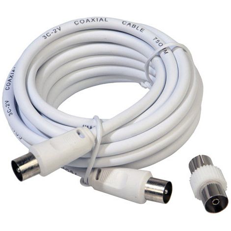 Rallonge Vidéo TV Mâle-Mâle 3 mètres/Ø 9,5 mm. Avec adaptateur mâle-femelle blanc