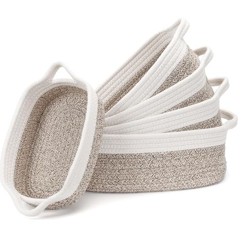 Panier Rangement, Lot de 5 Panier Tissé Corde de Coton, Panier Rangement pour Salle de Bain, Cuisine, Organisateur Table a Langer Bebe, Panier de Rangement Empilable Polyvalent (Blanc/Désert) (1/4)