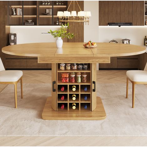 Table à manger extensible avec rangement, plateau MDF épais et structure métal, finition naturelle et brun clair (1/5)