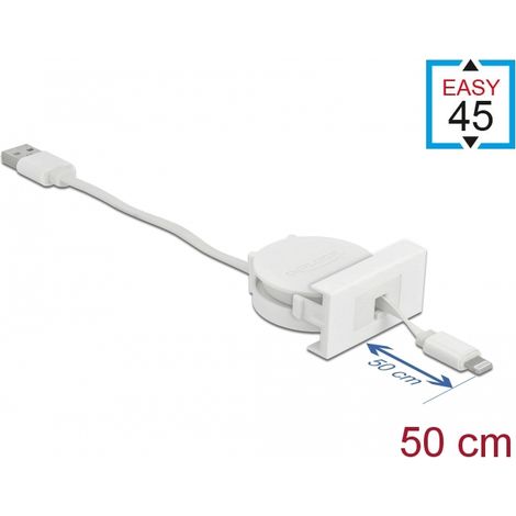 Delock USB 2.0 cable modular retrÃ¡ctil Easy 45 USB Tipo-A a 8 pines Lightning hembra blanca