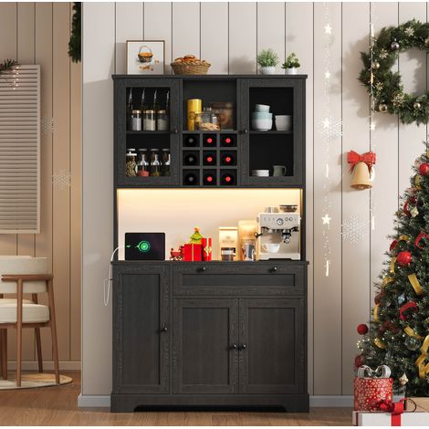 Buffet haut 180x105x40 cm noir en MDF avec LED multicolore, prises intégrées et grand rangement (1/5)