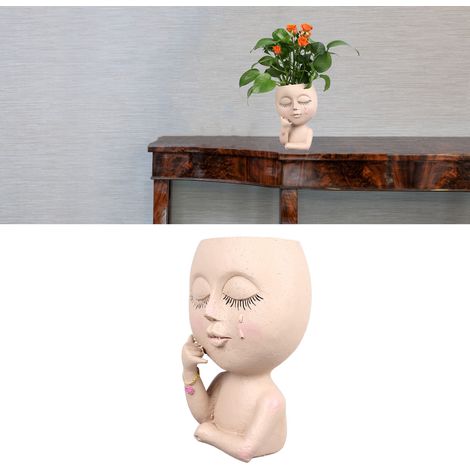 Maceta de resina artesanal de alta calidad con forma de cabeza de niña, apta para interiores y exteriores, con orificio de drenaje – 16 cm (1/5)