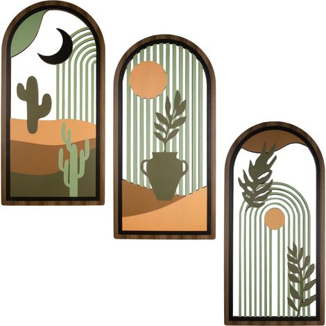 3 Décorations Murales Boho Arche Bois Vert Sauge 40x20cm (1/5)