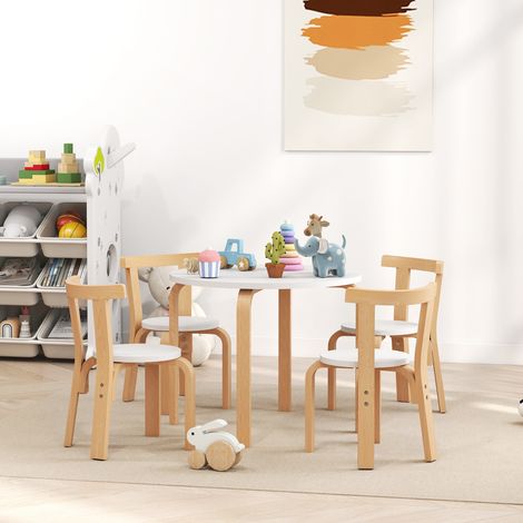 Set Tavolo e Sedie per Bambini 3-8 Anni 5 pz con Bordi Arrotondati e Superfici Colorate, Tavolino e Sedie per Bambini in Legno Bianco (1/5)