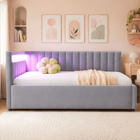 DESMIU Lit banquette 90 × 200 cm 1 place avec LED, rangement hydraulique, sans matelas, velours gris (1/5)