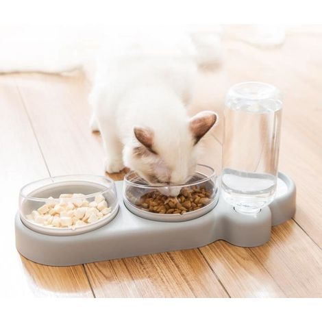 3 en 1 Gamelle pour Petit Chat et Chien Distributeur d\'Eau Gamelle Double 360° Rotation Gris