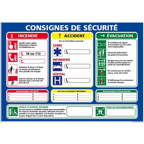 CONSIGNES SÉCURITÉ INCENDIE / ACCIDENT (A673) - Aluminium 2 mm - 210 x 300 mm