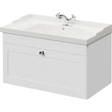 Wholesale Domestic Danbury Satin White 800mm Wall Mounted Vanity Unit with 1 Tap Hole Traditional Basin and Single Drawer with Polished Chrome Handle (1/5)