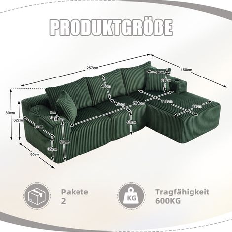 Ensemble canapé modulaire avec chaise longue et 2 places,velours côtelé souple,5 coussins,poches latérales,porte-gobelets,mousse haute densité.-Xh