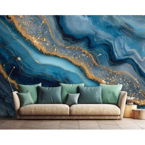Moderne Fototapete Marmor Blau Gold – Großformat Wandtapete 150x105 cm – Design für Wohnzimmer & Schlafzimmer (1/5)