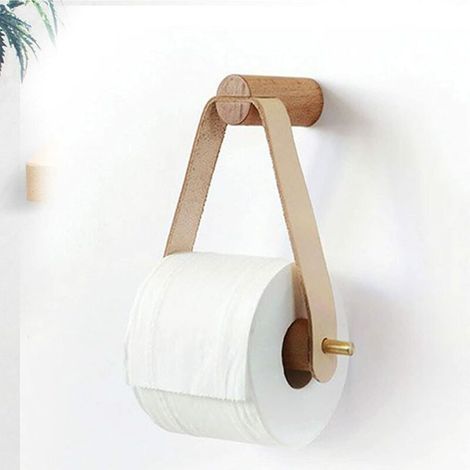 SHINING HOUSE Portarrollos de papel higiénico de pared de madera y cuero, rústico, accesorio de baño elegante y natural con tornillos autoadhesivos sin costuras (blanco roto) (1/5)