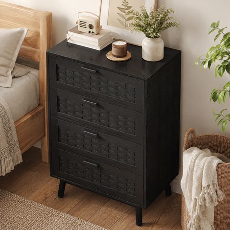 Commode enfant 4 tiroirs en bois et cannage rotin – 55x40x95 cm –Style campagnard – Fixation murale incluse – Noir (1/5)