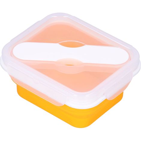 600 ml orangefarbene, isolierte Silikon-Lunchbox für unterwegs mit integriertem Besteck (Gabel und Löffel) für Büro und Schule (1/5)