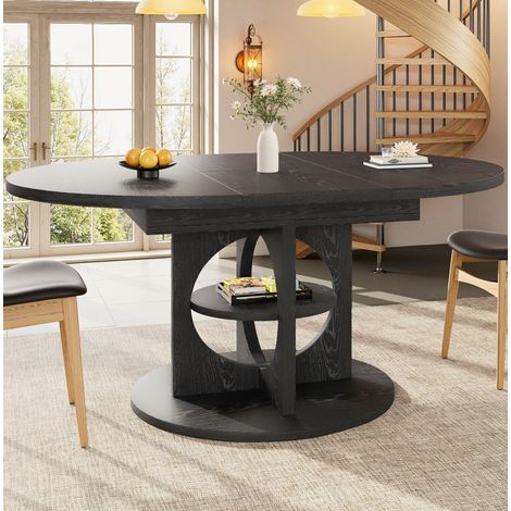 Mesa de comedor de MDF y metal 110/150 x 110 x 76 cm, negra, extensible redonda-ovalada (1/5)